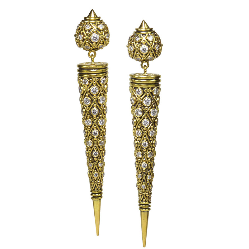 Gold and Diamond Cone Stilletto earrings with 122 individual diamonds -s497