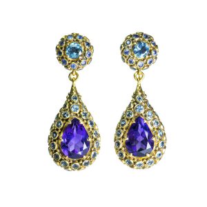 Amethyst Princess earrings with Aquamarines, Blue Sapphires and Green Tourmalines -D244