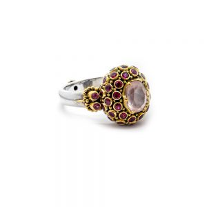 Rosequartz Princess ring with Rubies and Pink Tourmalines and Orange Sapphire-km58