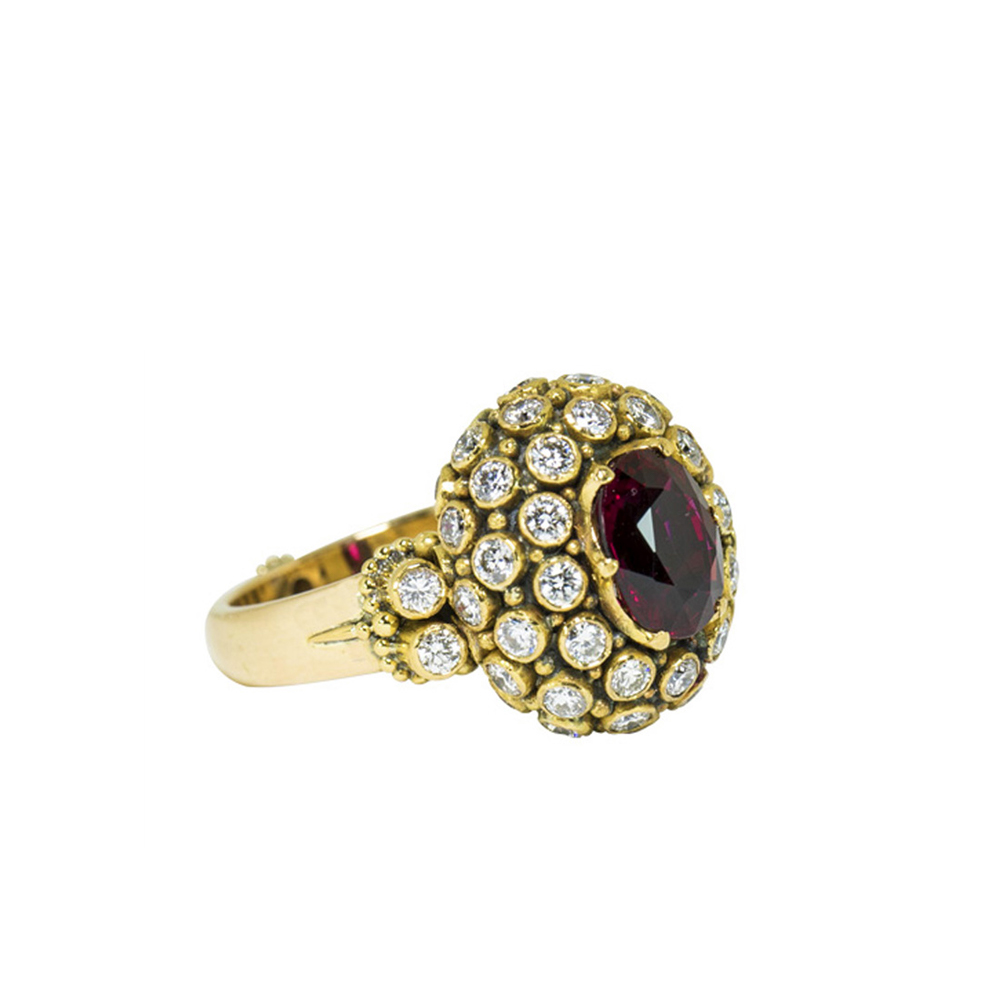 Rubellite Tourmaline Princess Ring with Diamonds -km59