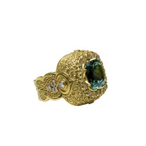 Green Tourmaline Mega-Mystic  ring with Diamonds -d295b