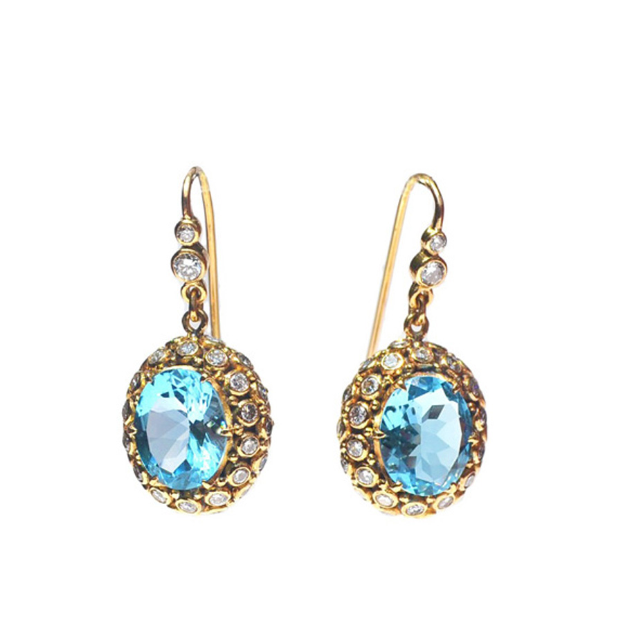 Blue Topaz and Diamonds princess earrings. -Dh35