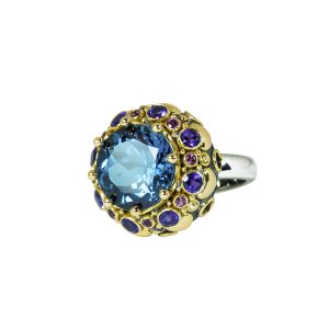 Blue topaz boudoir ring with amethysts and pink tourmalines. - dhb200