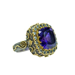 Amethyst Cocktail ring with Aquamarines and Diamonds -k212