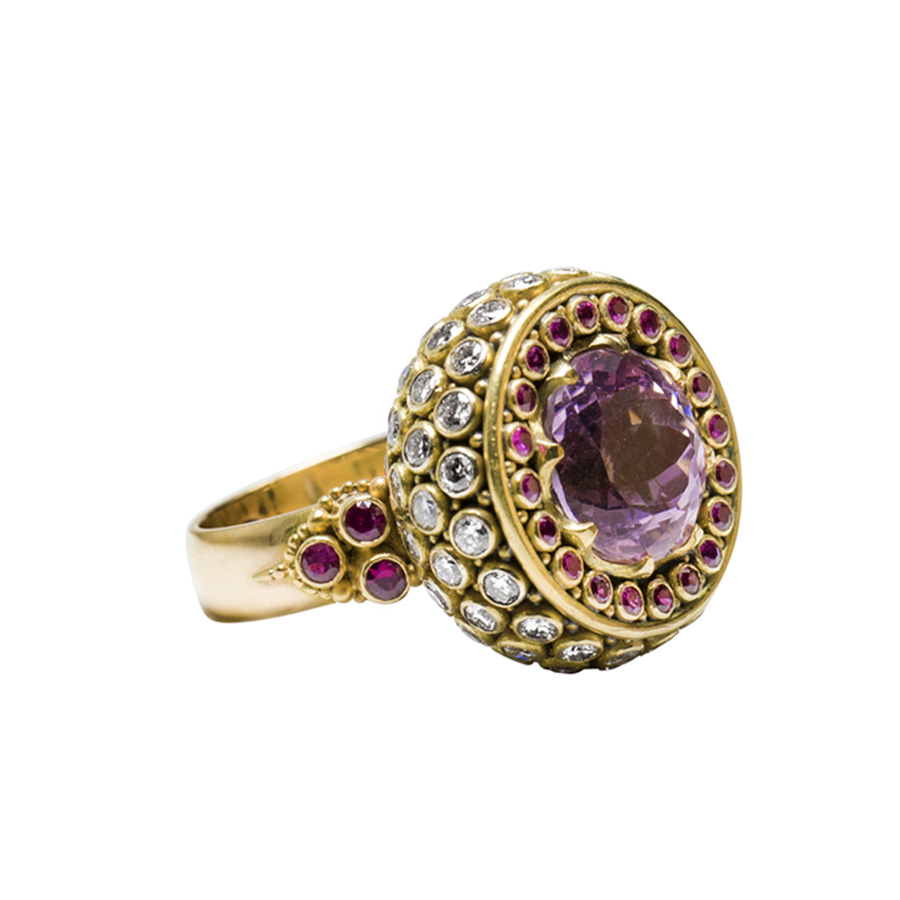 kunzite chalice cocktail ring with diamonds and rubies -k361