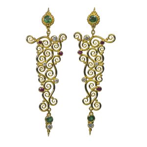 Gold spiral earrings with rubies, emeralds, and diamonds. -s130