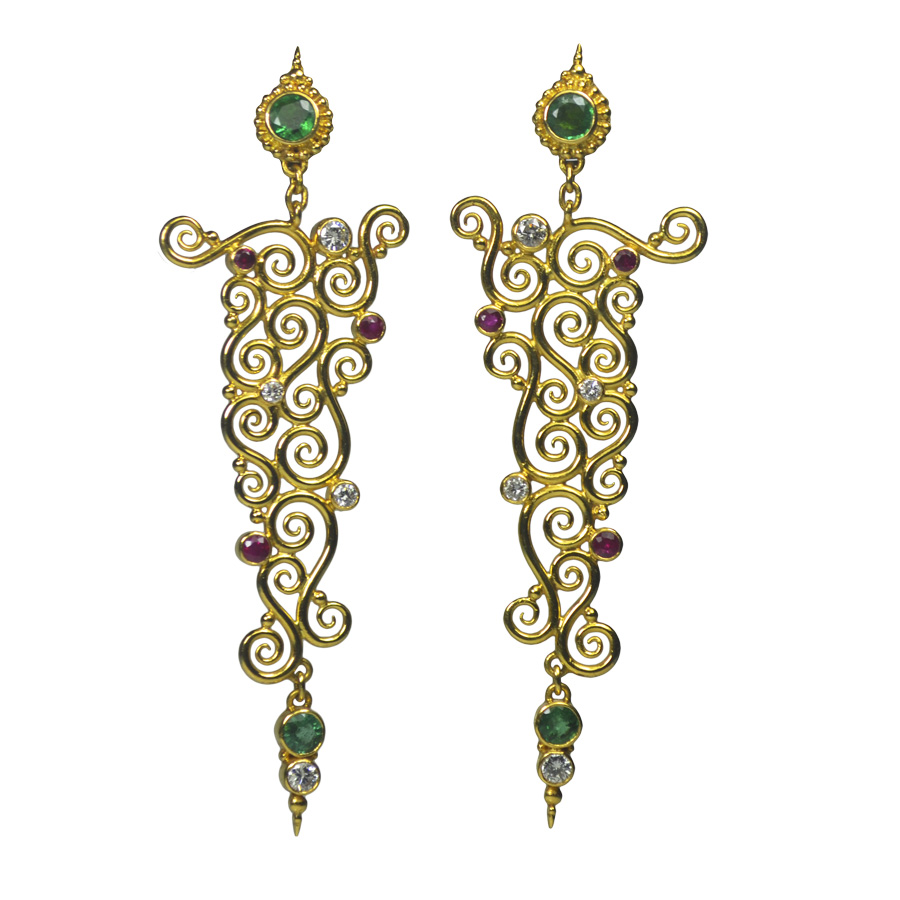Gold spiral earrings with rubies, emeralds, and diamonds. -s130