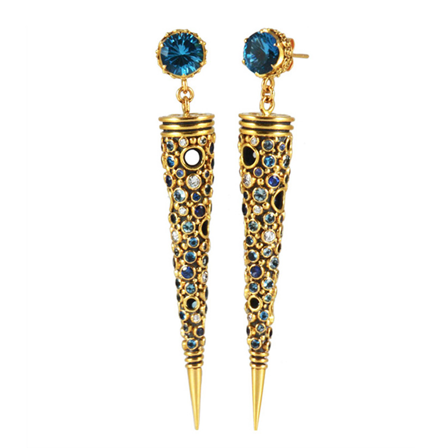 Blue topaz gold cone bubble earrings with Diamnds, sapphires and Aquamarines.-S475