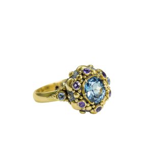 Blue Topaz Seaflower Ring with Amethysts, Aquamarines and Ruby-Su31