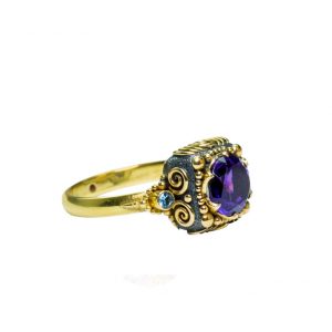 Amethyst Dawn ring with Aquamarines and Ruby -su55