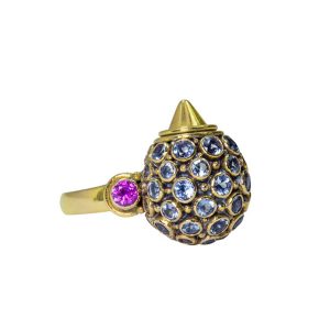 Aquamarine multi cluster Tilak ring with Rubies in Gold and silver-s534
