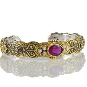 Rubellite Tourmaline Agni bangle with diamonds , rubies and amethyst -S455