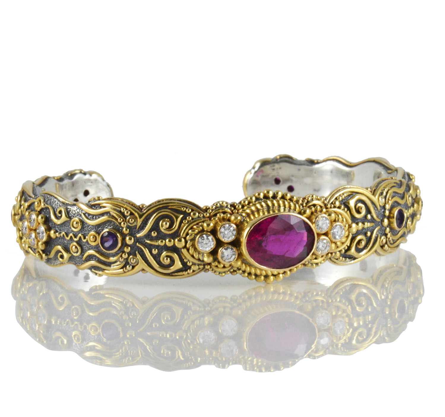 Rubellite Tourmaline Agni bangle with diamonds , rubies and amethyst -S455
