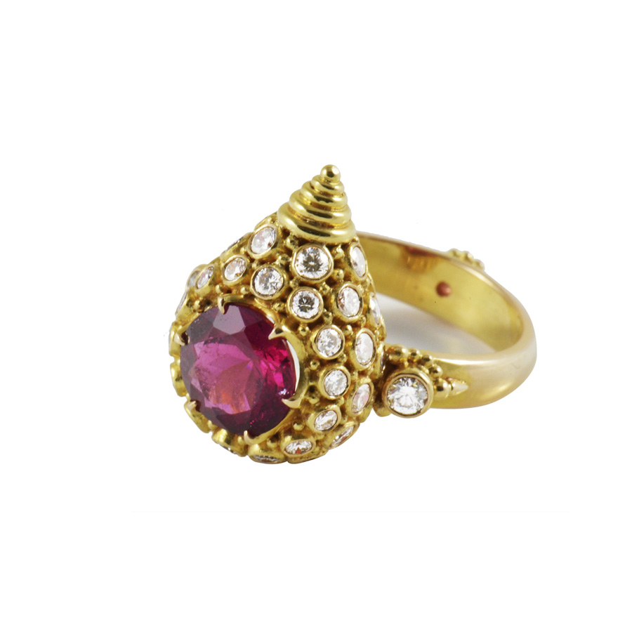 Rubellite Tourmaline Gold Tilak ring with Diamonds -d315
