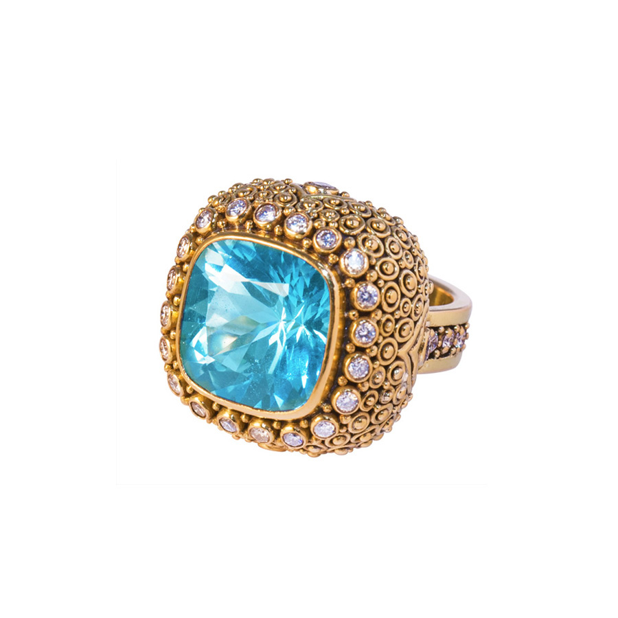 Blue Topaz Gold Mystic ring with Diamonds -S579