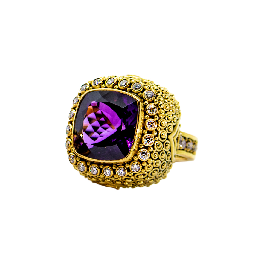 Amethyst Gold Mystic ring with Diamonds -s580
