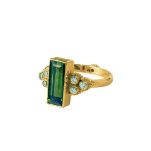 Green Tourmaline Treasure ring with Blue Diamonds and Ruby secret stone in  Gold -Su98
