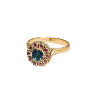 Green Tourmaline Gold mini chalice ring with rubies and diamonds. -s183