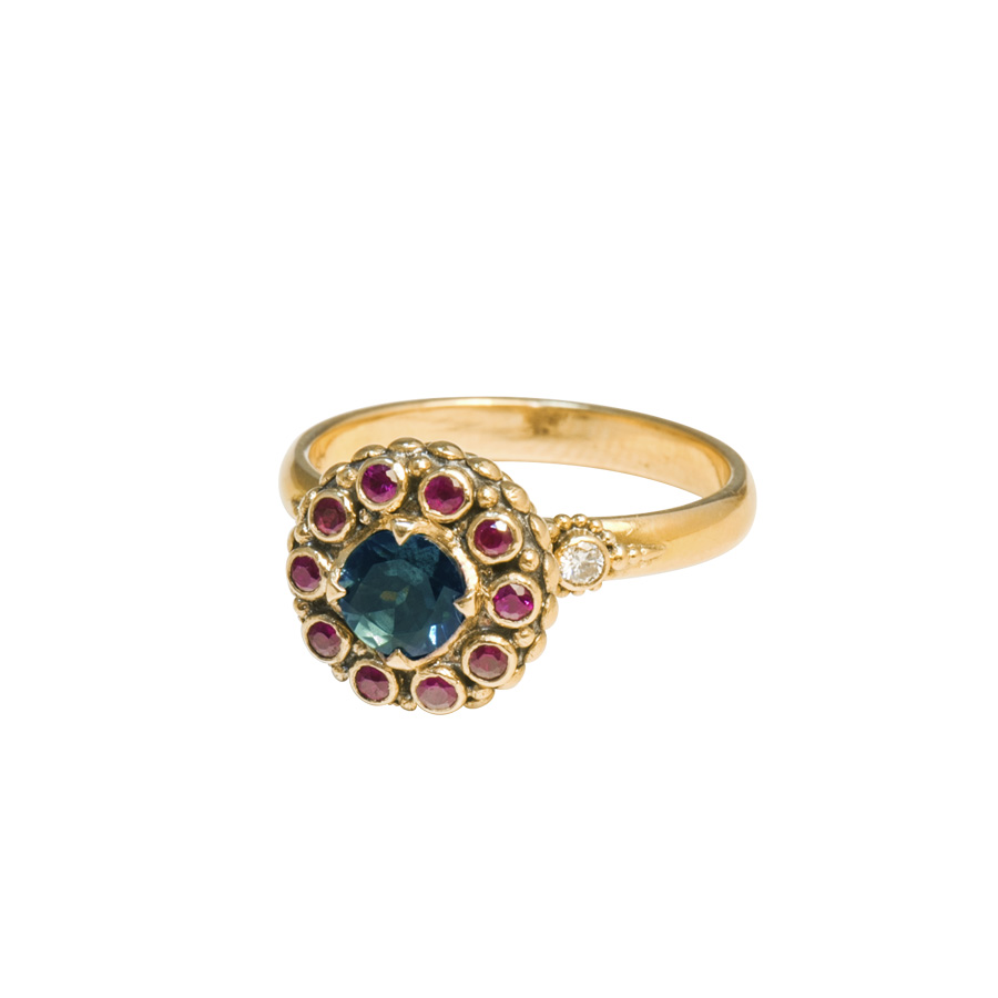 Green Tourmaline Gold mini chalice ring with rubies and diamonds.  -s183
