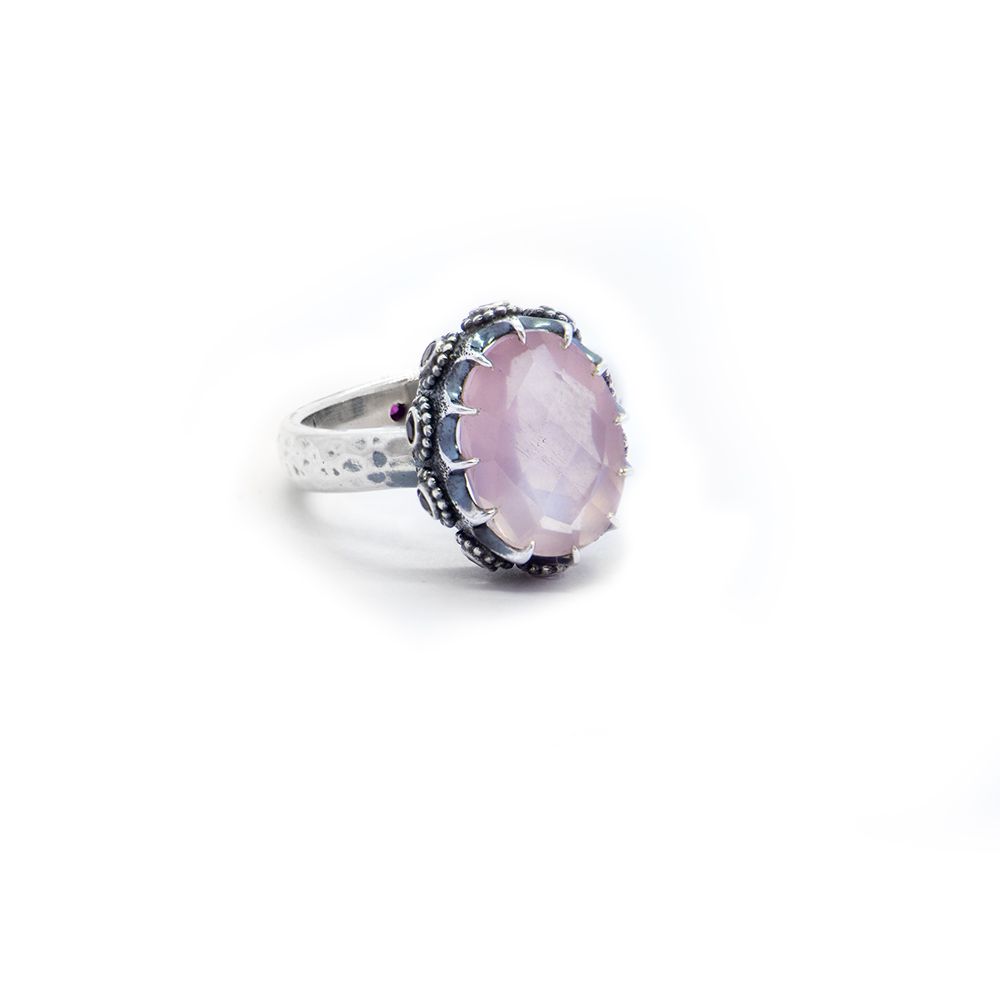 Rose Quartz Crown Ring with Pink Tourmaline and Ruby Set in Sterling Silver-DHB271 UK