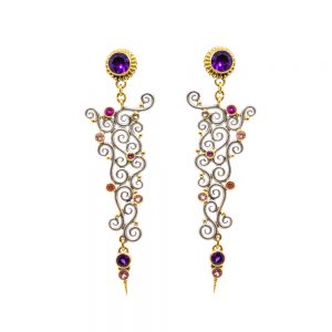 Spiral Earring with Amethysts, Rubies and Various Stones in Gold and Silver  -KM107