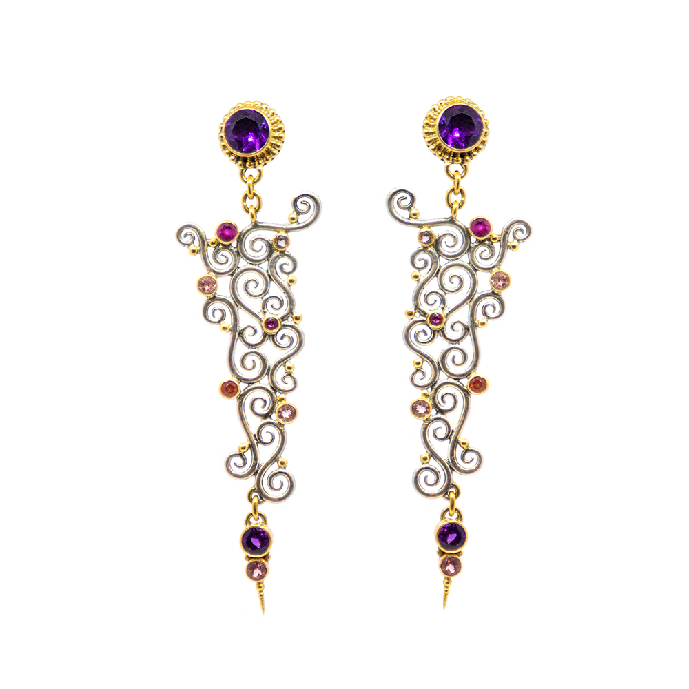 Spiral Earring with Amethysts, Rubies and Various Stones in Gold and Silver  -KM107