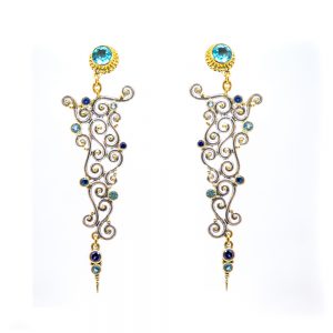 Blue Topaz Spiral Earring with Blue Sapphire and Aquamarine Set in 22ct gold - KM109