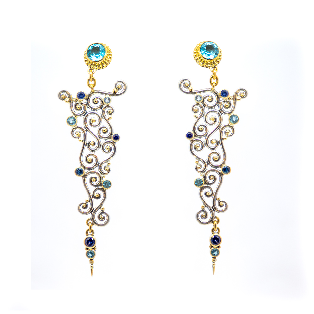 Blue Topaz Spiral Earring with Blue Sapphire and Aquamarine Set in 22ct gold – KM109