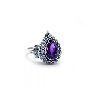 Amethyst Tilak Ring with Blue Topaz Set in Sterling Silver - dhb361