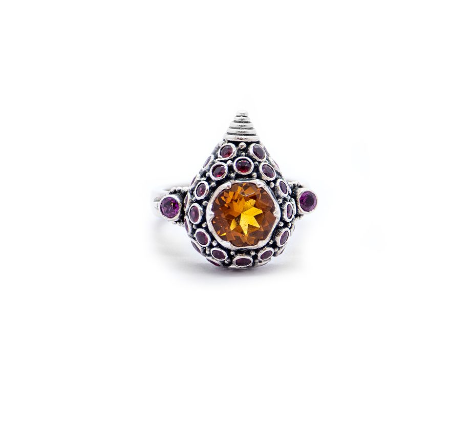 Citrine Tilak Ring with Rubies and Rodalite Garnet Set in Sterling Silver -dhb231