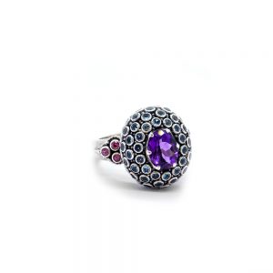 Amethyst Princess Ring with Aquamarines and Pink Tourmaline Set in Sterling Silver - KM68