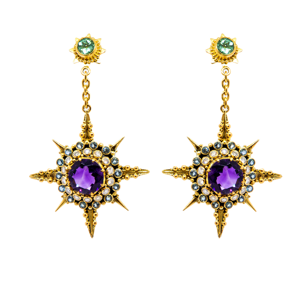 Amethyst Star earrings with Diamonds and Aquamarines  – S619