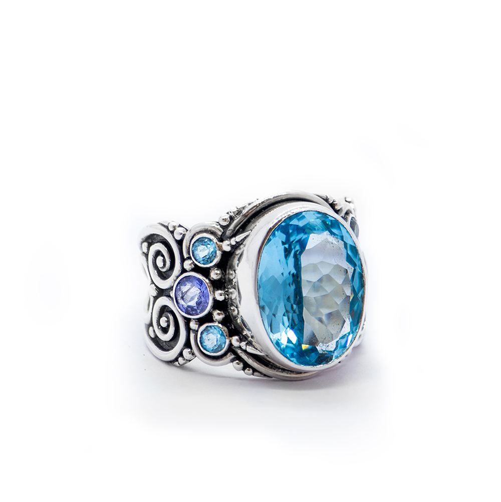 Blue Topaz Magus Ring with Aquamarine and Tanzanite Set in Sterling Silver – S644