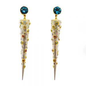 Blue Topaz Cone Earring with Aquamarine, Citrine, Rubies, Green Garnet, Amethyst, Yellow Sapphire Set in 22ct Gold, Sterling Silver - S685