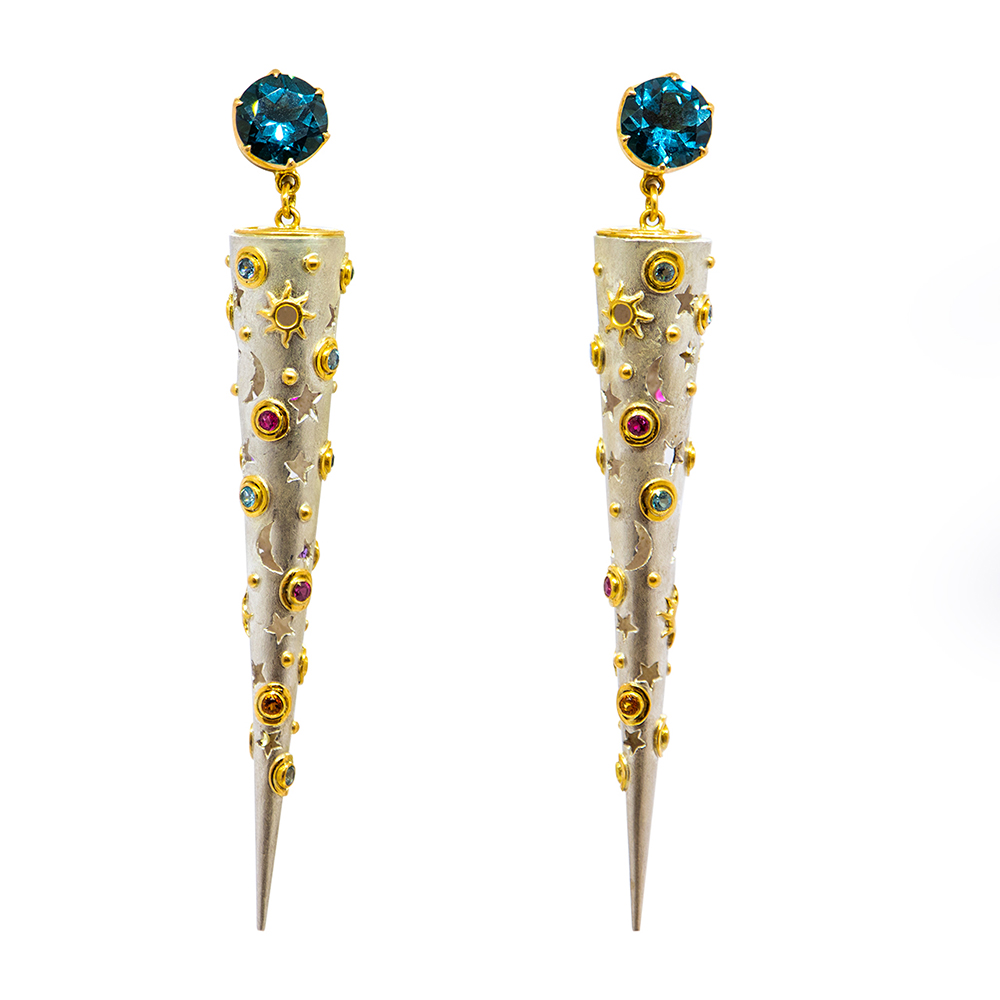 Blue Topaz Cone Earring with Aquamarine, Citrine, Rubies, Green Garnet, Amethyst, Yellow Sapphire Set in 22ct Gold, Sterling Silver – S685