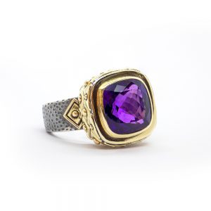 Amethyst Statement Ring Set in Gold with Chunky Hand Hammered Silver Band -S692