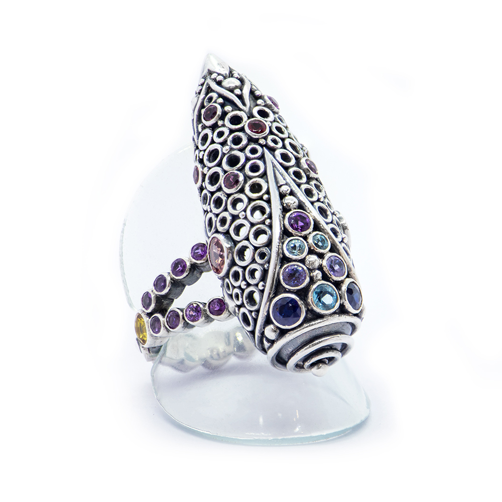 Pink Tourmaline Galactic Ring with Mix Stone set in sterling silver- S708