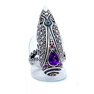 Amethyst Galactic ring with Emeralds, Aquamarines, Pink Tourmalines and Rubies set in sterling silver - S709