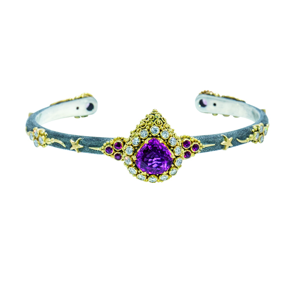 Pink Tourmaline Tilak bangle with diamonds and rubies set in 22ct gold.-S515