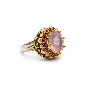 Rosequartz Boudoir Ring with Rubies Set in 22ct Gold, Sterling Silver Band DHB201