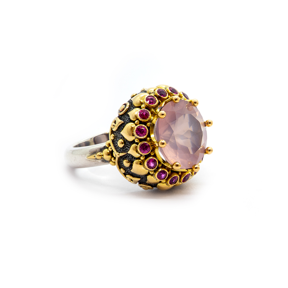 Rosequartz Boudoir Ring with Rubies Set in 22ct Gold, Sterling Silver Band DHB201