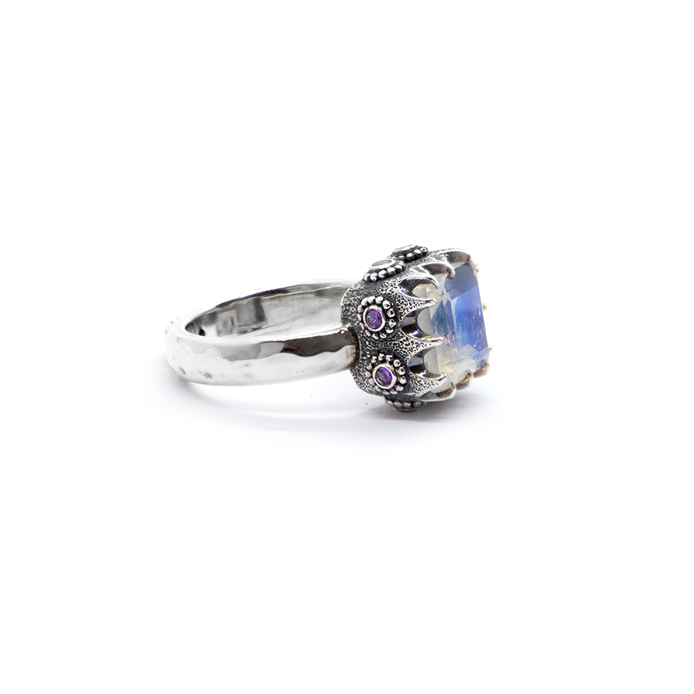 Moonstone Crown Ring with Amethyst and Aquamarine Set in Sterling Silver – DHB255