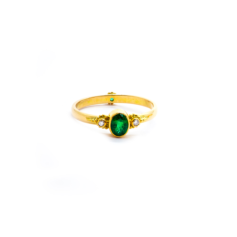 Emerald Plain Ring with Diamond Set in 22ct Gold, and 18ct Gold Band- DHB272