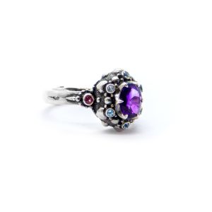 Amethyst Seaflower Ring with Aquamarine and Pink Tourmaline Set in Sterling Silver - BN65