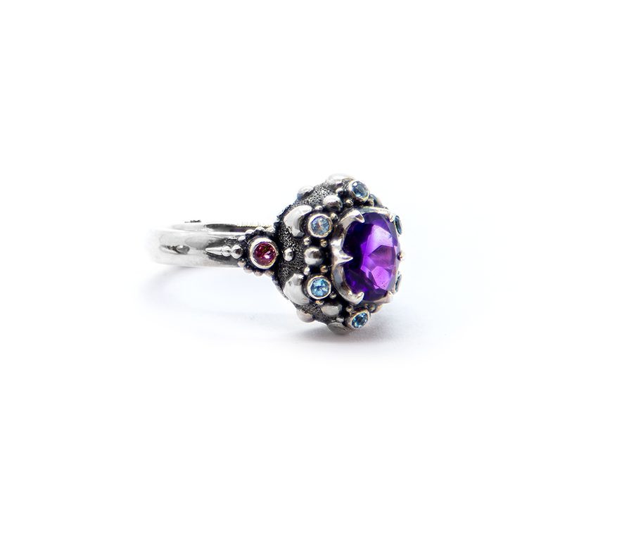 Amethyst Seaflower Ring with Aquamarine and Pink Tourmaline Set in Sterling Silver – BN65