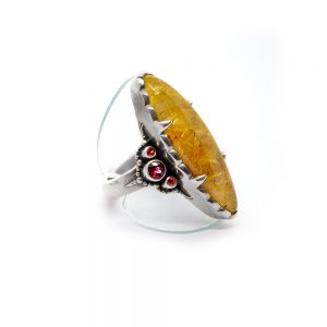 Rutile Quartz Crown Ring with Pink Tourmaline and Orange Sapphire Set in Sterling Silver- KM101