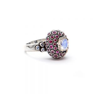 Moonstone Princess Ring with Rubies and Aquamarine Set in Sterling Silver- KM66