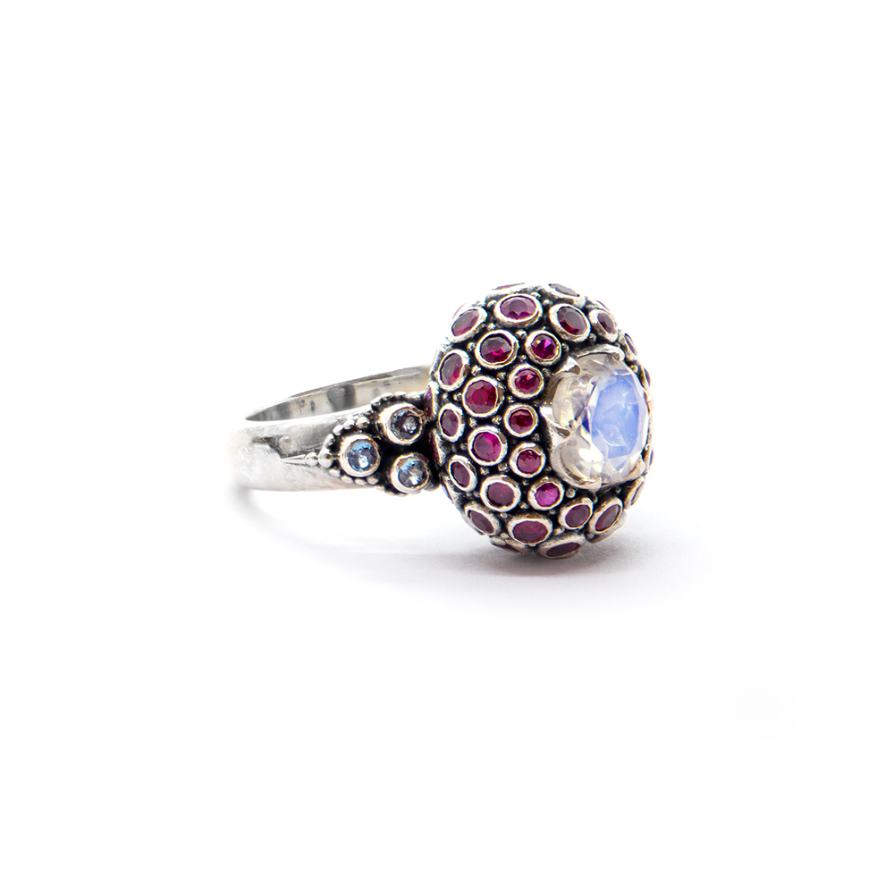 Moonstone Princess Ring with Rubies and Aquamarine Set in Sterling Silver- KM66