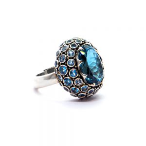 Blue Topaz Princess Ring with Aquamarine Set in Sterling Silver - KM86