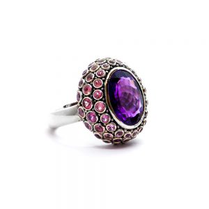 Amethyst Princess Ring with Pink Tourmaline Set in Sterling Silver - KM87